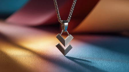 A captivating close-up of a minimalist silver pendant featuring geometric shapes, set against a vibrant and colorful background that enhances its elegance and style.の素材
