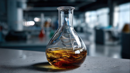 A detailed close-up of a glass flask containing an amber liquid, set against a modern laboratory background, illustrating the essence of scientific research and experimentation.の素材