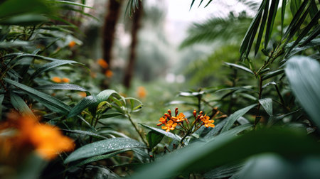 A captivating close-up view showcasing vibrant orange flowers surrounded by lush green leaves in a misty jungle, evoking a serene natural atmosphere.の素材