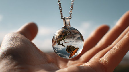 A stunning crystal globe pendant is delicately held in a hand against a vibrant blue sky, symbolizing global connection and environmental beauty.の素材