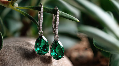 Discover the beauty of these elegant teardrop emerald earrings, adorned with sparkling accents, set against a natural backdrop. Perfect for any occasion.の素材
