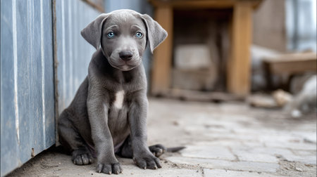 This charming gray puppy features striking blue eyes and a smooth coat, sitting in a serene outdoor environment full of natural light.の素材