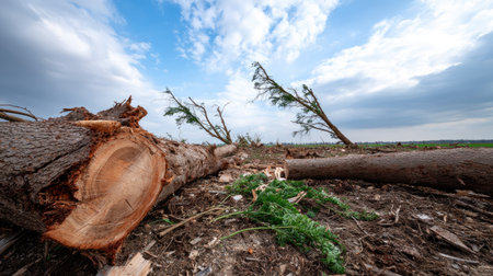 The image captures a desolate scene of fallen trees in a deforested area, showcasing tree stumps and cleared ground under a dramatic sky.の素材