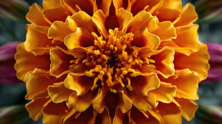 Experience the beauty of nature with this close-up photograph of a marigold flower showcasing vibrant orange petals and intricate pollen details.の素材