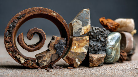 An artistic arrangement featuring a combination of natural rocks and metal objects, showcasing unique textures and shapes against a simple backdrop, ideal for creative projects.の素材