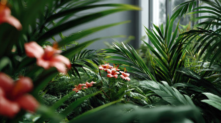 Discover a serene indoor garden filled with lush greenery and vibrant flowers, illuminated by natural light, creating a peaceful and refreshing atmosphere.の素材