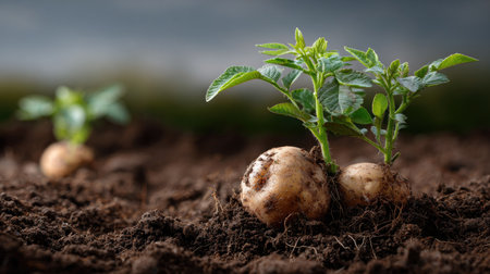 This image captures freshly planted potato seedlings emerging from rich, dark soil, showcasing nature's growth processes in agriculture.の素材