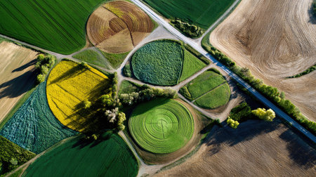 This stunning aerial photograph captures the intricate circular crop patterns across vibrant agricultural fields, showcasing diversity in nature and color.の素材