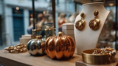 This elegant autumn display showcases shiny pumpkins and stylish jewelry, creating a captivating atmosphere in a fashionable boutique setting. Perfect for fall inspiration.の素材