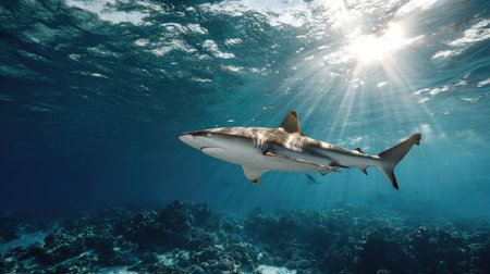 A breathtaking image showcasing a shark gracefully swimming in clear ocean waters, illuminated by radiant sunlight, revealing vibrant marine life and coral beauty.の素材