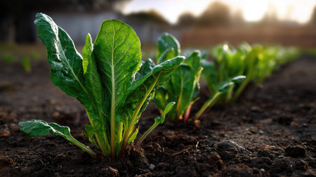 This captivating image showcases fresh green Swiss chard plants thriving in rich soil beneath warm sunlight, representing sustainable gardening and agricultural growth.の素材