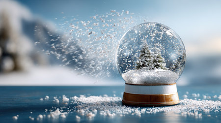 Captivating snow globe featuring a serene winter landscape with pine trees and gentle snow flurries, evoking nostalgia and festive cheer.の素材