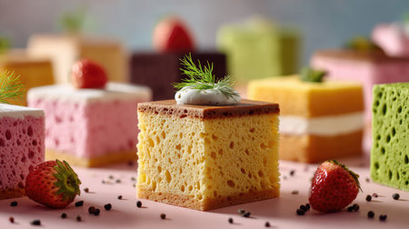 A vibrant display of assorted cake cubes featuring flavors like strawberry, vanilla, and chocolate, garnished with fresh strawberries and whipped cream.の素材