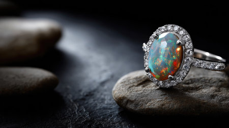 This stunning opal ring features a vibrant stone surrounded by sparkling diamonds, set against a sleek stone surface, perfect for showcasing elegance.の素材