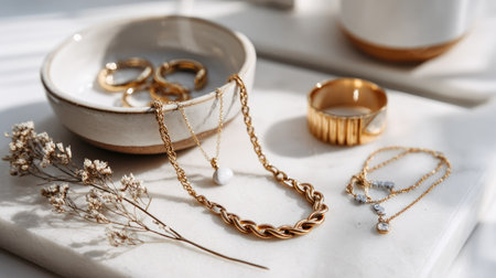 A stunning arrangement of gold jewelry features a braided necklace, sparkling earrings, and elegant rings, complemented by delicate dried flowers on a marble surface.の素材