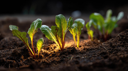 A captivating scene showcases green seedlings breaking through dark soil, illuminated by soft backlight, emphasizing the beauty of nature and growth.の素材
