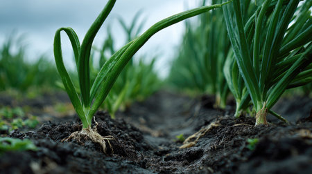 This image captures fresh green onions growing in rich soil, showcasing the essence of organic agriculture under a moody sky, emphasizing nature's vibrancy.の素材
