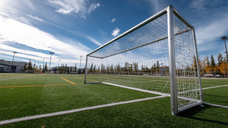 A vibrant soccer goal stands on a lush green field under a bright blue sky, surrounded by trees and an empty stadium, inviting play and training.の素材