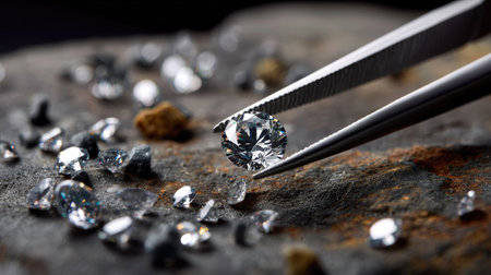 A striking close-up of a sparkling diamond held gently by tweezers, surrounded by shimmering stones on a natural surface, showcasing luxury and elegance.の素材