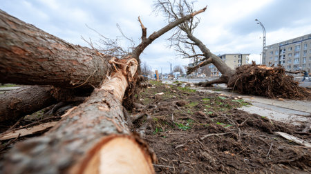 This dramatic image captures fallen tree trunks and roots after a storm in an urban landscape, showcasing the effects of severe weather on the environment.の素材