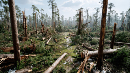 A striking visual of a forest landscape devastated by a severe storm, showcasing fallen trees and a damaged environment reflecting ecological destruction.の素材