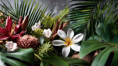 A stunning display of tropical flowers and lush greenery, showcasing vibrant colors and textures perfect for decor, design inspiration, and nature lovers.の素材