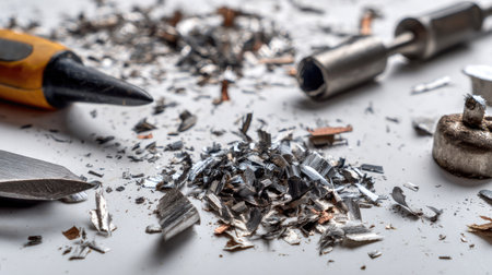 Close-up image of shiny metal shavings scattered on a workbench, surrounded by various tools, embodying the essence of metalworking and craftsmanship.の素材