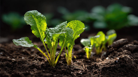 This close-up image showcases vibrant green seedlings pushing through dark, rich soil, beautifully illuminated by natural light. The blurred garden background enhances the fresh and hopeful feeling of young plant growth.の素材