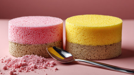 Vibrant sponges in pink and yellow colors sit against a soft pink backdrop, accompanied by a metal spoon and sugar crystals, symbolizing cleanliness and efficiency.の素材