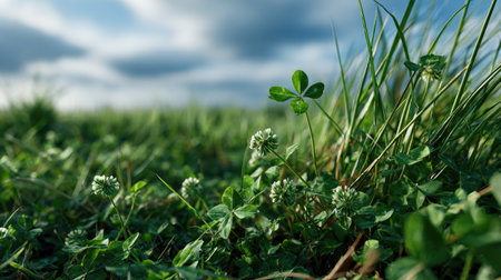This vibrant image captures a fresh green field dotted with clover plants and soft clouds above, evoking feelings of tranquility and connection to nature.の素材
