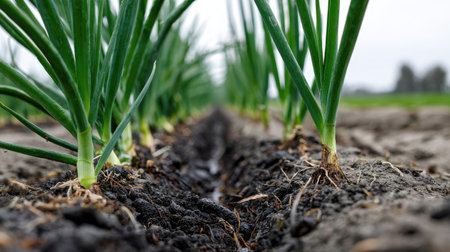 Lush green onion plants grow in organized rows, showcasing the rich soil and agricultural landscape under a cloudy sky, highlighting organic farming methods.の素材