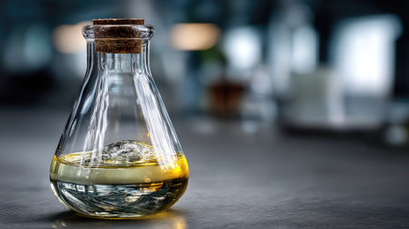 A beautifully captured glass flask showcasing an oil and water mixture, resting on a modern kitchen counter with soft, blurred lighting in the background.の素材