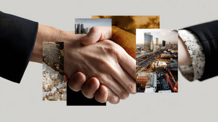 A close-up image of two hands engaged in a handshake, symbolizing partnership and collaboration. The background features urban landscapes, representing modern business environments and professional relationships.の素材