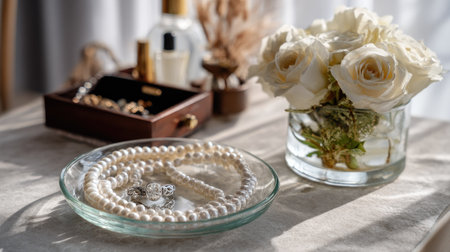 A beautifully arranged scene featuring elegant pearls on a glass plate, fresh roses in a vase, and beauty products, all illuminated by soft natural light.の素材