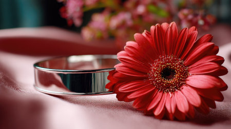 A stunning silver bracelet resting beside a vibrant pink flower creates a captivating still life arrangement, perfect for showcasing beauty and elegance.の素材