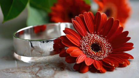 A stunning composition featuring a silver bracelet alongside a red gerbera daisy on a marble surface. Perfect for showcasing beauty and elegance.の素材