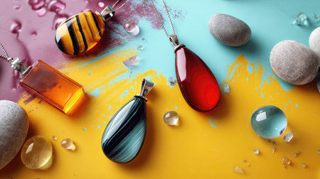 This colorful arrangement features exquisite gemstone pendants against a vibrant backdrop, accompanied by smooth pebbles and glistening water droplets, creating a striking visual appeal perfect for showcasing jewelry design.の素材