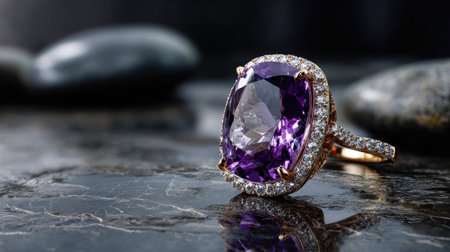 A stunning purple gemstone ring adorned with delicate diamonds rests on a textured stone surface, embodying elegance and refined luxury in jewelry design.の素材