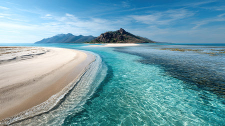 Experience the beauty of a tranquil tropical beach, featuring stunning clear waters and a picturesque island backdrop under a bright blue sky.の素材