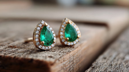 Captivating image of luxurious green emerald earrings adorned with sparkling diamonds, placed elegantly on a rustic wooden surface, showcasing exquisite craftsmanship.の素材