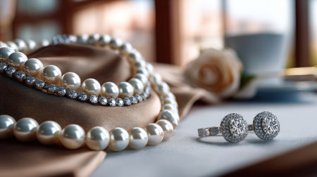 This stunning jewelry image showcases an exquisite pearl necklace and sparkling diamond rings against a soft, luxurious setting, epitomizing elegance and style.の素材