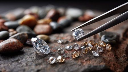 This captivating image features sparkling diamonds being carefully examined with tweezers amidst colorful pebbles on a rustic surface, highlighting the beauty of gemstones.の素材