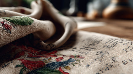 A beautifully detailed view of elegant vintage fabric showcasing a floral pattern and handwritten notes, placed on a rustic wooden table. This image embodies warmth and creativity, perfect for home decor or crafting projects.の素材