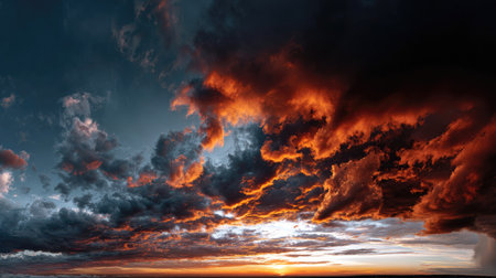 A stunning sunset scene featuring dramatic clouds illuminated in vibrant orange and deep blue hues, creating a captivating atmosphere against the horizon.の素材