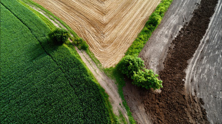 This stunning aerial photograph showcases agricultural fields with a winding path, contrasting green and brown soil textures, and lush vegetation, exemplifying rural beauty.の素材