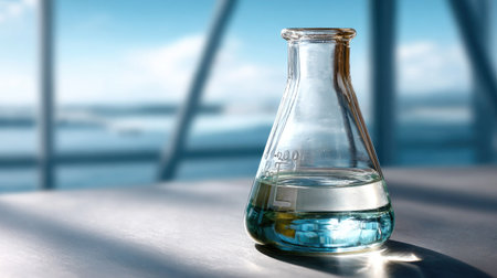 A stunning close-up of a transparent laboratory flask filled with blue liquid, set against a bright, blurred backdrop. Ideal for science and research themes.の素材