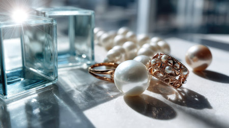 A stunning arrangement featuring elegant pearls and a gold ring, illuminated by soft natural light, highlighting the beauty and luxury of fine jewelry.の素材