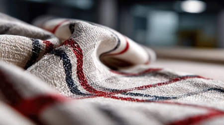 This close-up image highlights the intricate texture of woven fabric featuring subtle stripes. Soft lighting brings warmth, perfect for textile design or home decor use.の素材