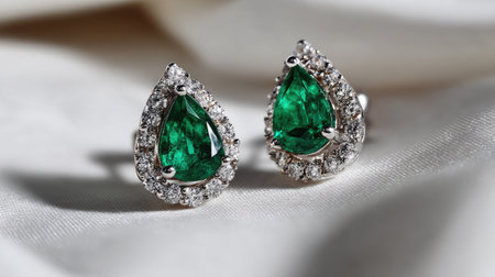 Stunning emerald tear drop earrings are beautifully surrounded by sparkling diamonds on a luxurious fabric background, capturing elegance and refined craftsmanship.の素材