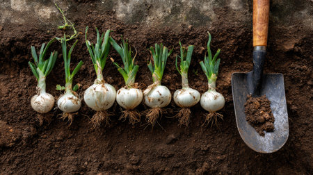 Five fresh green onions with roots arranged in soil beside a shovel, showcasing organic gardening and healthy food cultivation in natural light.の素材